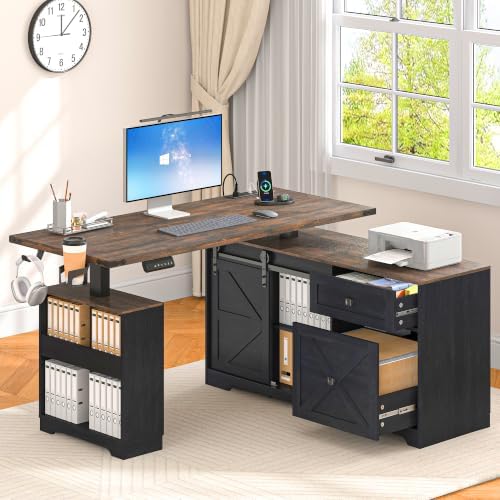 St.Mandyu L Shaped Electric Standing Desk 55" Black with Power & Storage