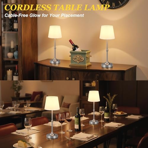 Kakanuo Rechargeable Cordless Table Lamp Silver - 2 Pack 4000mAh Battery Operated Lamp, 3000K Warm Light, Touch Control Stepless Dimming, for Bedside, Dining Table, Home Decor