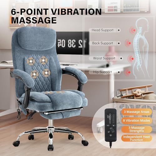 500LBS Massage Office Chair, Reclining 6 Points Vibration and Heat Desk Chair with Foot Rest, Ergonomic Executive Office Chairs, Comfy Wider & Thicker Seat, Big and Tall Gaming Chair, Fabric Blue