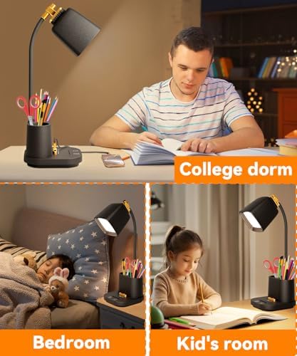 LED Desk Lamp for Dorm 2 USB Ports, Dorm Room Essentials, Small Table Lamp for Home Office, College Dorm Room Gifts, Gooseneck Desk Light with Charger Storage Box for Study, Reading, Craft, Work, Task