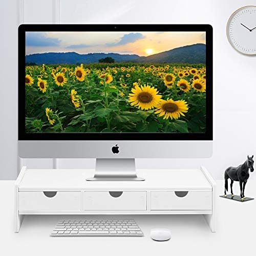 valen Monitor Stand Riser, Computer Laptop Riser Shelf with 3 Organizer Drawers (White, 19.5" L x 7.5" W x 4.7" H) (White)