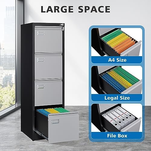 BYNSOE 4 Drawer File Cabinet with Lock Metal Vertical Filing Cabinet Office Home Lateral File Cabinet for A4 Legal/Letter Size,Assembly Required