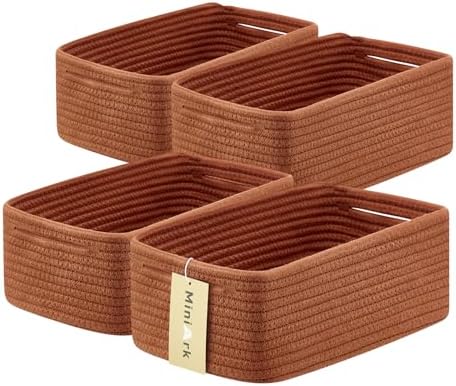 MiniArk Small Storage Baskets for Organizing | Closet Organizer Bins | Shelf Toy Basket | Woven Rope Baskets | Cube Decorative Box | Shallow Basket | 13x8.5x5.1” | 4 Packs Oxide Red