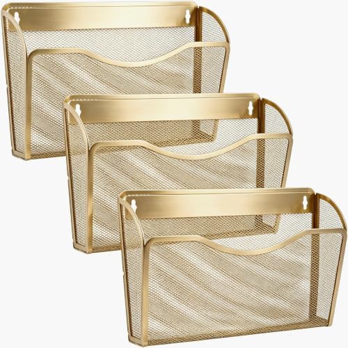 Gawerk Mesh Hanging Wall File Holders, Metal Vertical Wall Basket Mail Organizer for Office/Home (Gold, 3 Pack Wall Mounted)