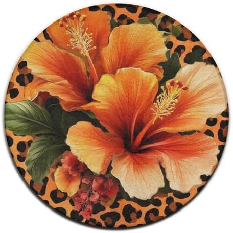 Highly Premium Quality Floor Mat, Office Chair Decor Mat, Room Sofa Yoga Soft Round Carpet Orange Yellow Flower Floral Cheetah Leopard Print, 36inch