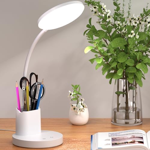 LED Desk Lamp for College Dorm with Pen Phone Holder, White