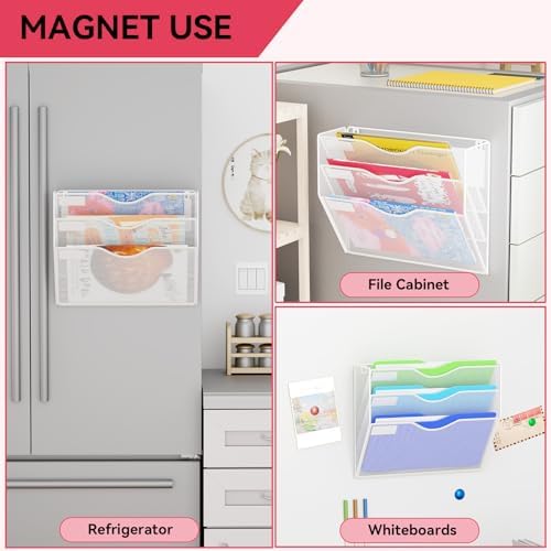 3-Tier Magnetic File Holder, No Drilling Wall File Organizer, File Folder Bins, Mail & Magazine Rack, Magnetic Paper Document Holder for Refrigerator File Cabinets Whiteboard, White