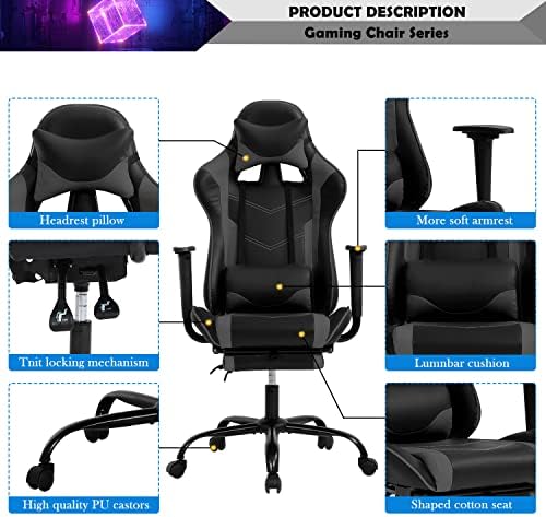 PC Gaming Chair Computer Chair PU Leather Recliner with Lumbar Support Headrest,High Back Racing Office Chair Video Gaming Chair Rolling Swivel Task Chair for Kids or Adults,Grey