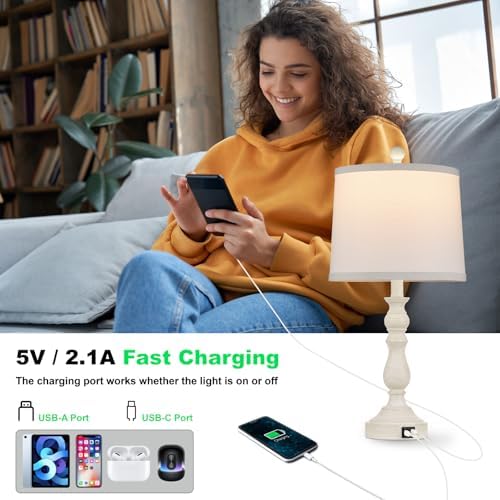 23'' Table Lamps Set of 2, Lamps for Bedroom, USB C+A Ports, Beige