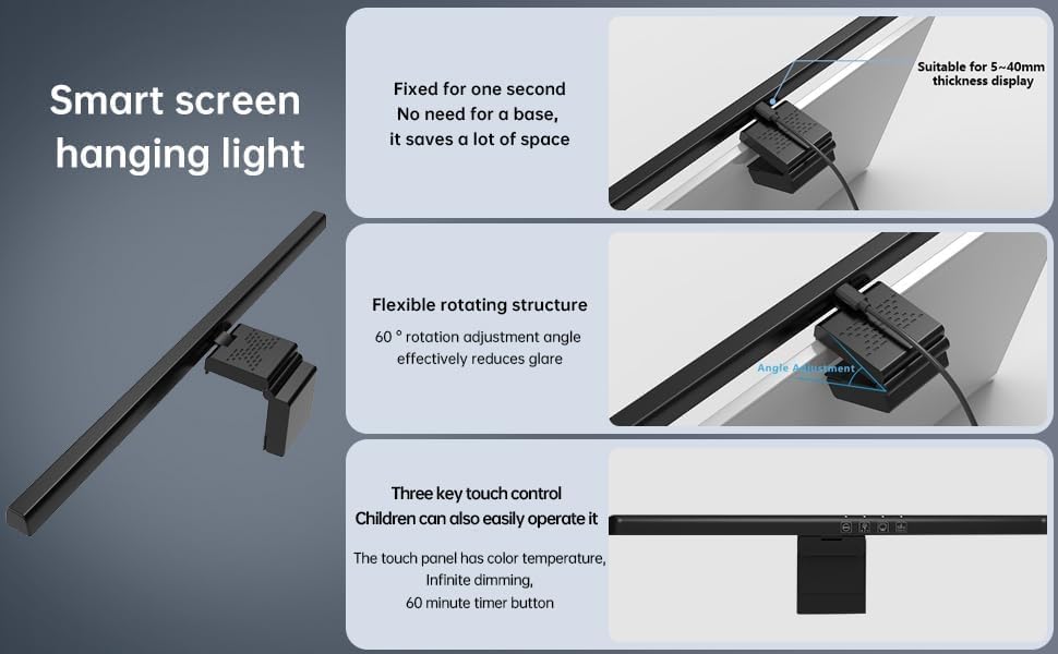 Monitor Light Bar with RGB Backlight, Computer LED Screen Lamp for Eye Caring, USB Powered Dual Light Source with Touch Control Timed Computer Monitor Desk Lamp for Game Office Home Silver