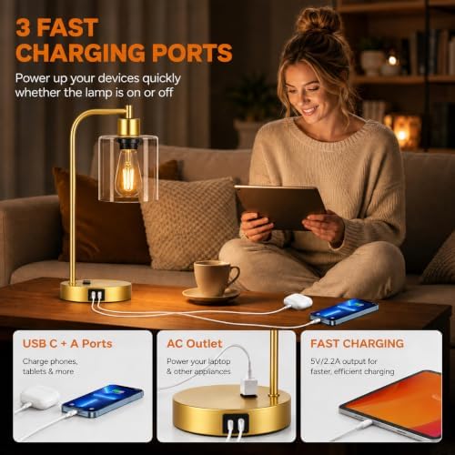 Industrial Touch Control Table Lamps Set of 2 - Gold Nightstand Bedside Lamps with 2 USB Ports & AC Outlet, 3-Way Dimmable Desk Lamp for Bedroom Living Room, Glass Shade & 2 LED Bulbs Included