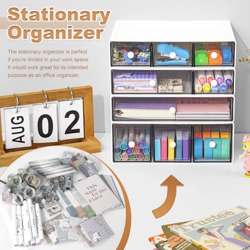 Desk Organizer with 9 Drawers, 4 Tier Plastic Stackable Storage Drawers for Desk Storage, Office Stationary Makeup Organizer Suit for Home, Office and School