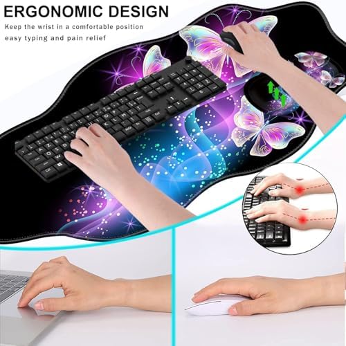 Mouse Pad with Wrist Support + Desk Mat + Coaster 3 in 1 Set, XXL Large Gaming Mousepad Ergonomic Mouse Pads for Desk Computer Laptop Office,Glowing Night Pink Butterflies