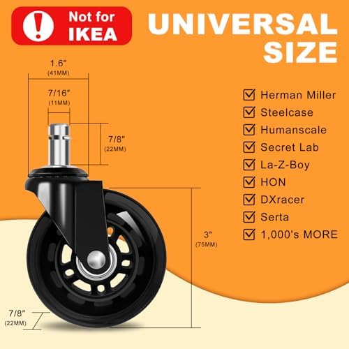 Office Chair Wheels for Casters Replacement - 3" Rubber Wheels for Computer Gaming Desk Caster Smooth & Safe Rolling for All Floors Including Hardwood and Carpet - Set of 5 - Black