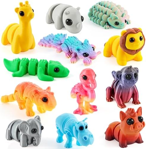JOYIN 12PCS Safari Animal 3D Printed Toys, Mini Animals 3D Printed Toys, Cute Articulated Flexible Figurines Fidget Toys for Party Favors Classroom Desk Pets Home Decor