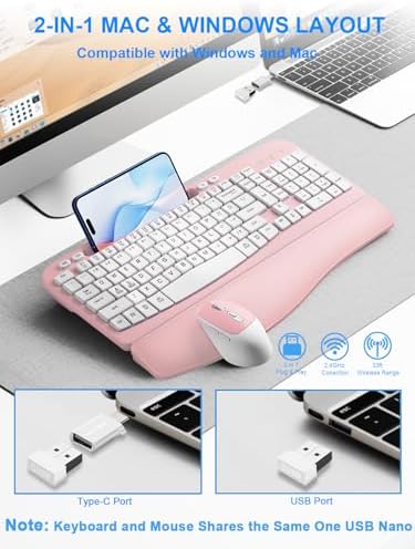 Hayyiesh Ergonomic Wave Keys Wireless Keyboard and Mouse Combo, Full Size with Memory Foam Wrist Rest & Phone Holder, 2.4G Cordless Set with USB-C Adapter for Windows Mac Desktop Laptop (Pink)