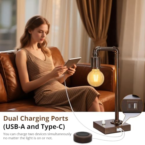 Industrial Table Lamp with Water Pipe Design, Fully Dimmable Bedside Lamp