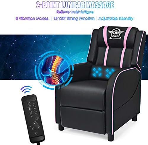 Giantex Gaming Recliner Chair, Adjustable Massage Gaming Chairs for Adults, Ergonomic Comfortable Lounge Leather Sofa w/Footrest, Remote Control & Side Pocket, Racing Style Single Sofa Recliners, Pink
