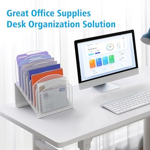 Inclined Desk File Organizer, 8-Section Upright Desk Organizer Standing File Sorter for Office Classroom Desktop Organization (White)