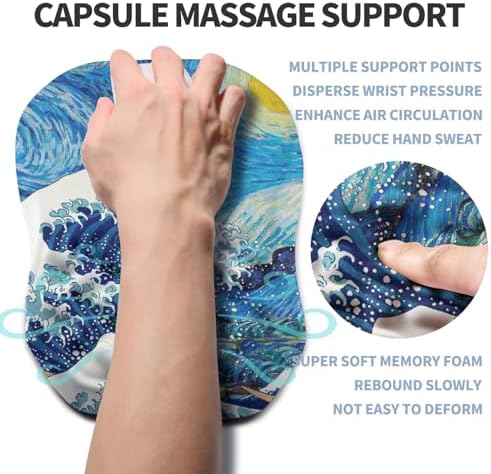 Ergonomic Raised Mouse Pad Wrist Support with Bilateral Slope Memory Foam Mousepad for Wrist Rest and Carpal Tunnel Pain Relief 11.8x7.9〃Starry Night Waves