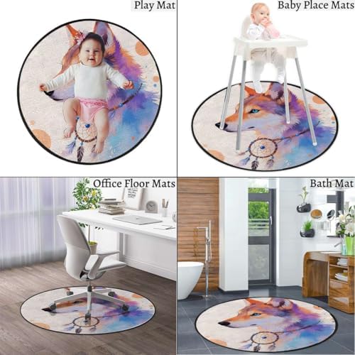 Wolf Watercolor Art Gaming Chair Mat for Computer Desks, Decorative Animal Illustration Anti-Slip & Scratch-Resistant Floor Protector for Rolling Chairs, Multicolor Diameter 59 in