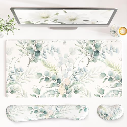 QiyI PU Leather Desk Mat Set, 4-in-1 Ergonomic Wrist Rest, Eucalyptus Leaf