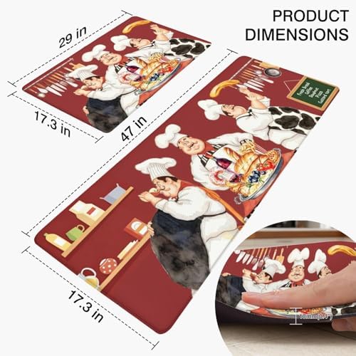 Chef Anti Fatigue Kitchen Mats for Floor, 17.3"x47"+17.3"x29", Red