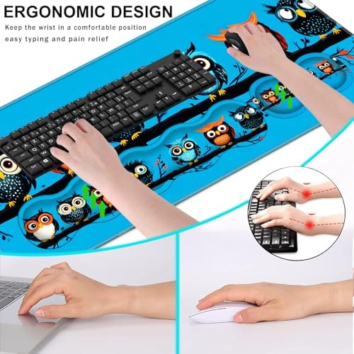 Keyboard Wrist Rest and Mouse Pad with Wrist Support Set Ergonomic Coaster,Memory Foam,Easy Typing Pain Relief,Large XL Desk Mat 31.5"x 11.8",Cute Owls on a Branch