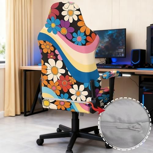 Hippie Flower Gaming Chair Covers Anti-Slip Gamer Chair Seat Cover Stretch Fit Office Computer Armchair Slipcover for Reclining Racing Gaming Chairs