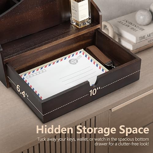 Rebee Vision Acacia Wood Mail Organizer for Desk Room Decor, Dark Brown