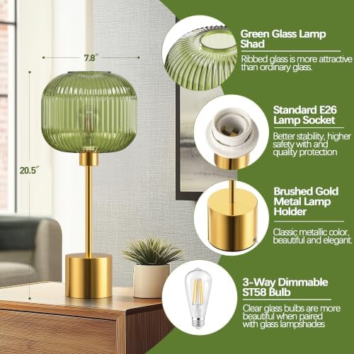 QiMH Glass Table Lamp for Living Room, Modern Bedside Lamp with Green Ribbed Glass Shade, 3-Way Dimmable Touch Control Nightstand Lamp for Bedroom, Brushed Gold (2700K LED Bulb Included)