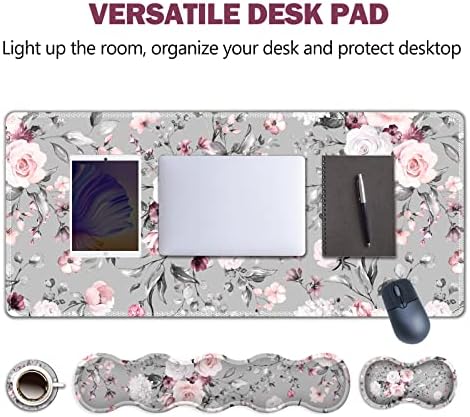 Upgraded Extended Gaming Mouse Pad, Keyboard Wrist Rest Pad, Wrist Support Mousepad Set, Artso Large Stable Rubber Base Stitched Edges, Multifunctional Desk Pad (35 x15.5 in) for Work, Game, Grey Rose