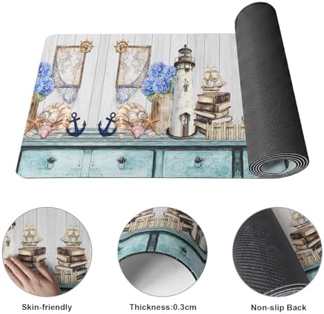 Vintage Lighthouse Anchor Flower Yoga Mat,Exercise Mat for Men Women Shell Starfish on Desk Non-Slip Yoga Mats with Carrying Strap Cushioned Workout Mat For Home Gym Pilates Fitness