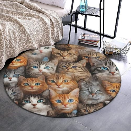 Home Decor Non Slip Kitchen Office Circle Rug, Machine Washable Modern Round Area Rug, Room Sofa Yoga Soft Round Carpet Cute Cats Art, 60inch