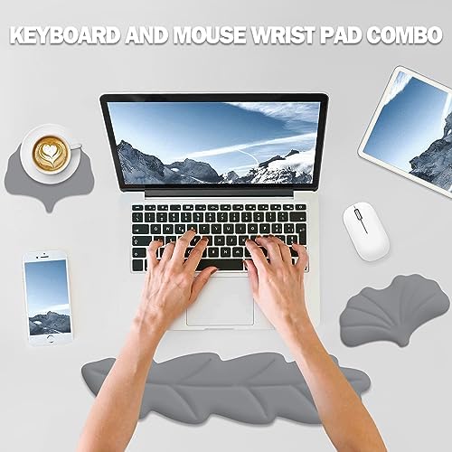 Keyboard Wrist Rest Pad Set, Leaf Shape PU Leather Memory Foam Wrist Cushion Support,Mouse Wrist Rest Pad,Non-Slip Wrist Support for Easy Typing Pain Relief, Grey Leaf