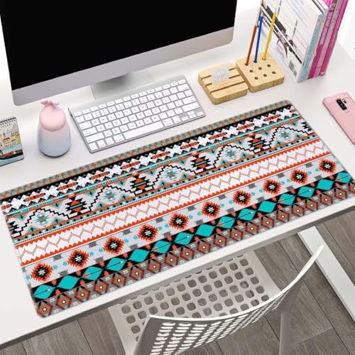 Large Gaming Mouse Pad with Stitched Edges, Colorful Aztec Pattern Desk Mat, Extended XL Keyboard Pad, Non-Slip Rubber Base Desk Pad for Keyboard and Mouse, 31.5X11.8 inch