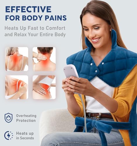 fanatato Weighted Electric Heating Pad for Neck Shoulders Back - Large Heat Pad with 6 Heat Settings & 4 Timers, Auto-Off, Machine Washable, Pain Relief Pad - Sky Blue