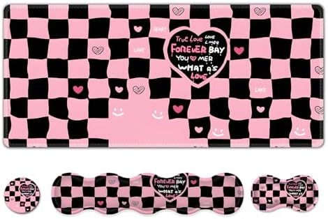 Desk Mat Gaming Mouse Pad, Cute Desk Matt Keyboard Wrist Rest for Desktop, Anti-Slip Big Mousepad Stitched Edges, XXL Large Mouse Pad with Wrist Support for Home Office I Pink Black True Love