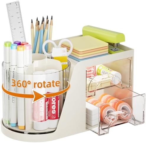 Marbrasse Desk Organizer with 2 Drawer, 360°Rotating Pen Holder, Desk Organizers and Accessories with 6 Slots Pencil Organizer + 2 Drawer, Art Supply Storage Box Caddy for Office (Beige)