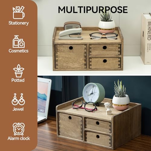 KIRIGEN Wooden Desk Organizer with 3 Drawers and Top Tray, Brown DT1D3C-DBR