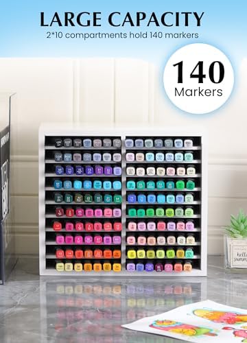 Bamboo Marker Organizer for Desk, Marker Storage Organizer for 140 Markers，Pens, Pencils and Art Brushes，Wooden marker holder for Home, Classroom and Office Decor, White