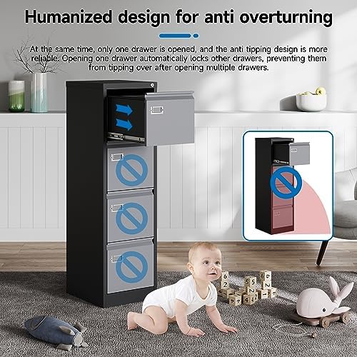 BYNSOE 4 Drawer File Cabinet with Lock Metal Vertical Filing Cabinet Office Home Lateral File Cabinet for A4 Legal/Letter Size,Assembly Required