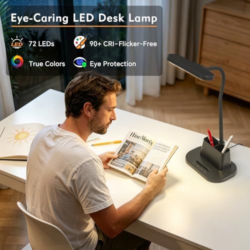 LED Desk Lamp for Dorm Small Desk Lamp with Pen Holder 5 Color Modes Black
