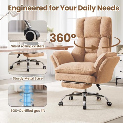 Big and Tall Office Chair with Flip Arms and Footrest, Teddy Criss Cross Legged Home Office Desk Chair with Pet Seat, Comfy Reclining Computer Gaming Chair, Khaki