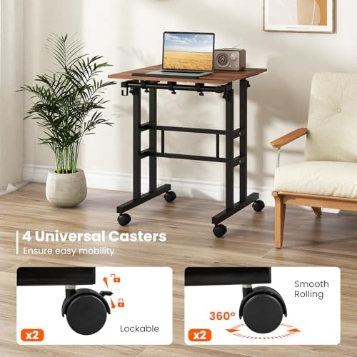 Tangkula Mobile Standing Desk, Height-Adjustable Laptop Podium Cart with Tilting Tabletop & Adjustable Angle, Rolling Stand Up Computer Desk with 2 Hanging Hooks & Lockable Casters for Home Office