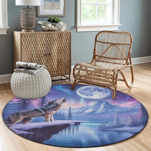 Machine Washable Modern Round Area Rug, Room Sofa Yoga Soft Round Carpet, Home Decor Non Slip Kitchen Office Circle Rug Snow Full Moon Wolves Pink Art, 60inch