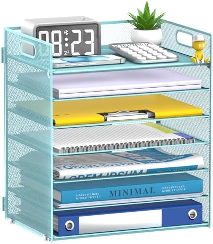 7 Tier Paper Organizer for Desk with Letter Trays & Handle Blue