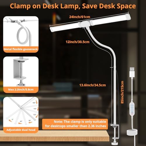 Woputne Flexible Dual Head Desk Lamp, Super Wide & Bright 960LM,12W Adapter
