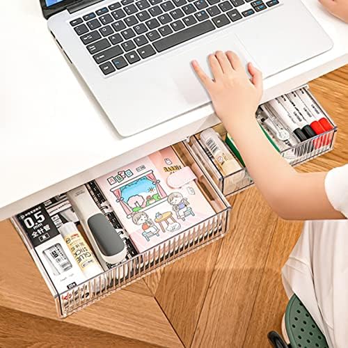2Pcs Under Desk Storage Drawers Slide Out,Large&Medium,Stick On Drawers,Under Desk Organizer Hidden Under Table Drawer for Home Office School Organization and Storage-Clear White