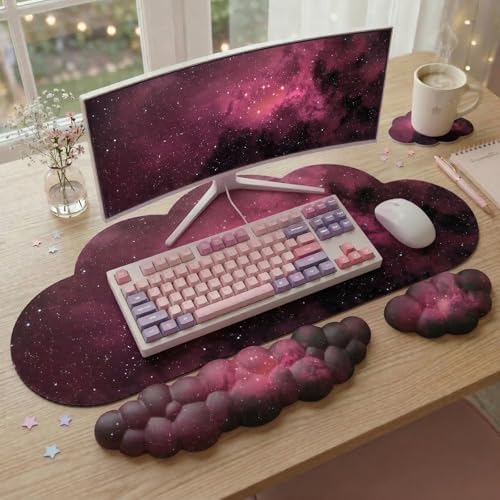 Cloud Mouse Pad Keyboard Wrist Rest for Mouse 4PCS Extended Galaxy Large Desk Mat Pad Set Memory Foam Non-Slip Cute Ergonomic Gaming Space Mouse Wrist Support for Computer Home Office Pink Black